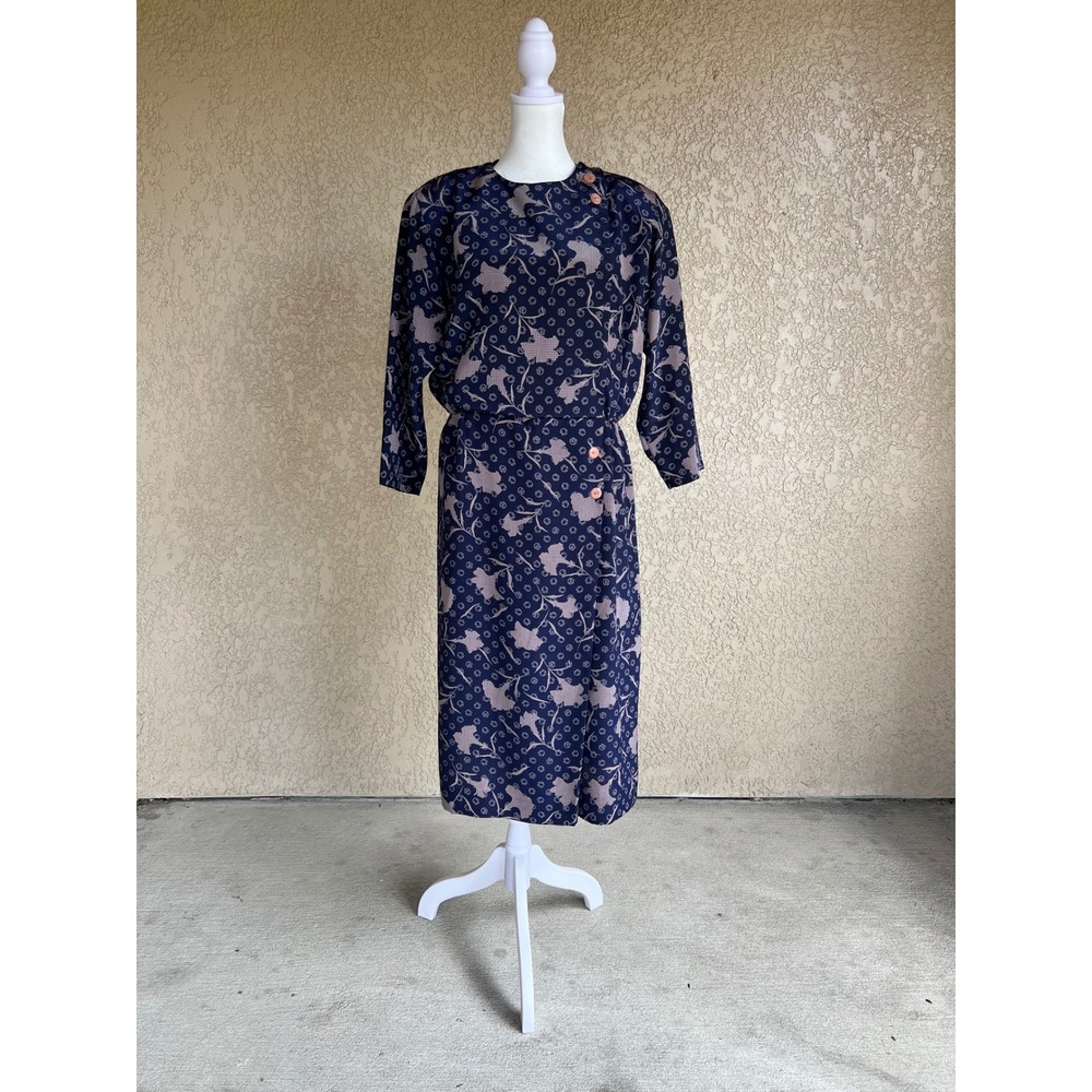 Vintage 1980s Lady Carol Petites Navy Floral Midi Dress Asymmetrical Button 14P
